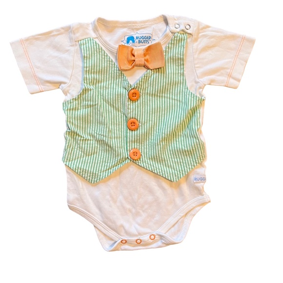 Rugged Butts White Onesie with Orange Bowtie & Buttons Green Vest 6-12 Months - Picture 1 of 4